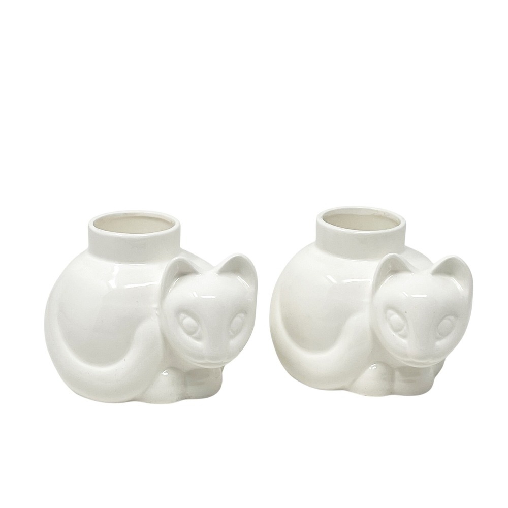 Nancy Lopez White Ceramic Cat Taper Candle Holders Set 2 1979 Vintage MCM